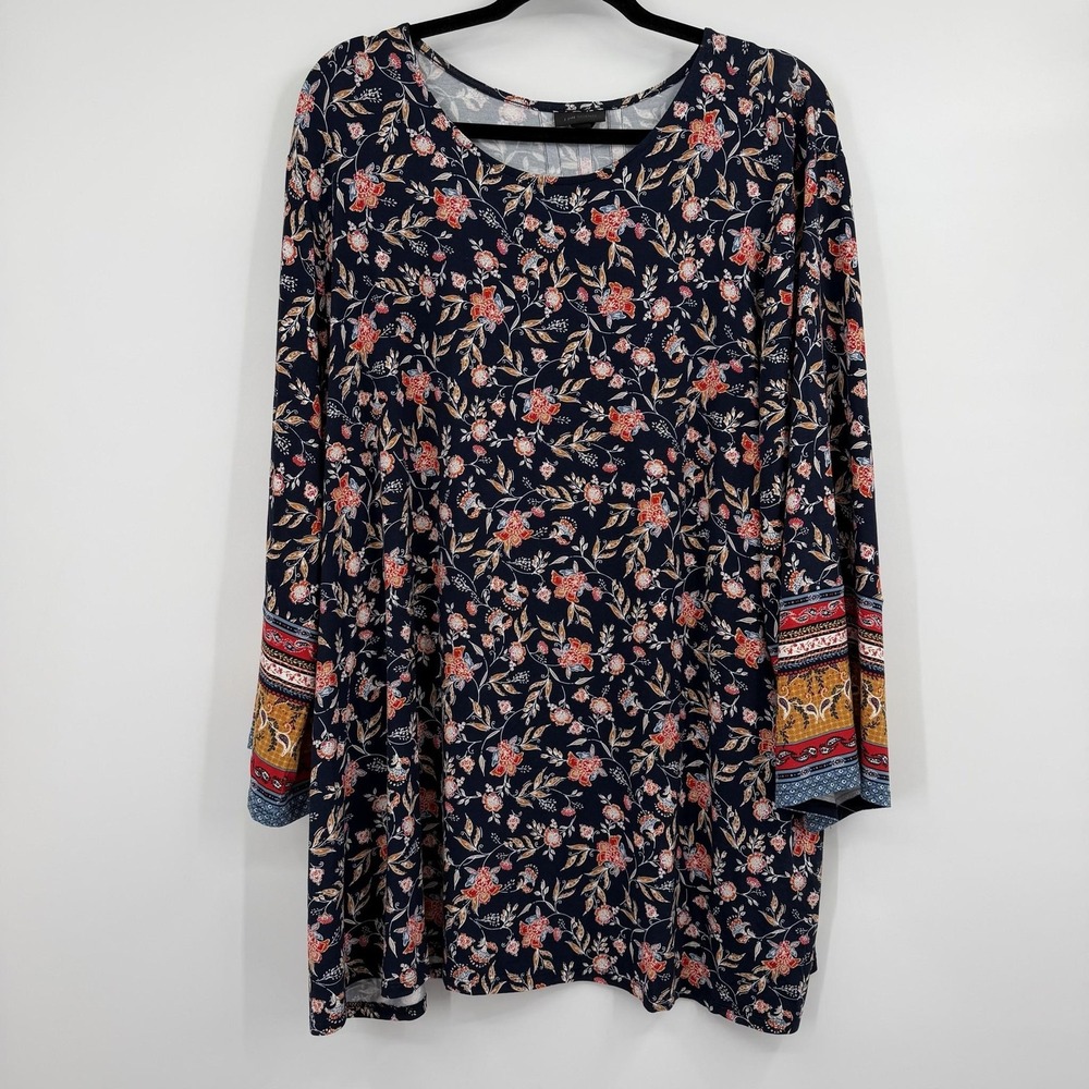 J Jill Tunic Top Womens 3X Blue Round Neck 3/4 Sleeve Polyester Floral Relaxed